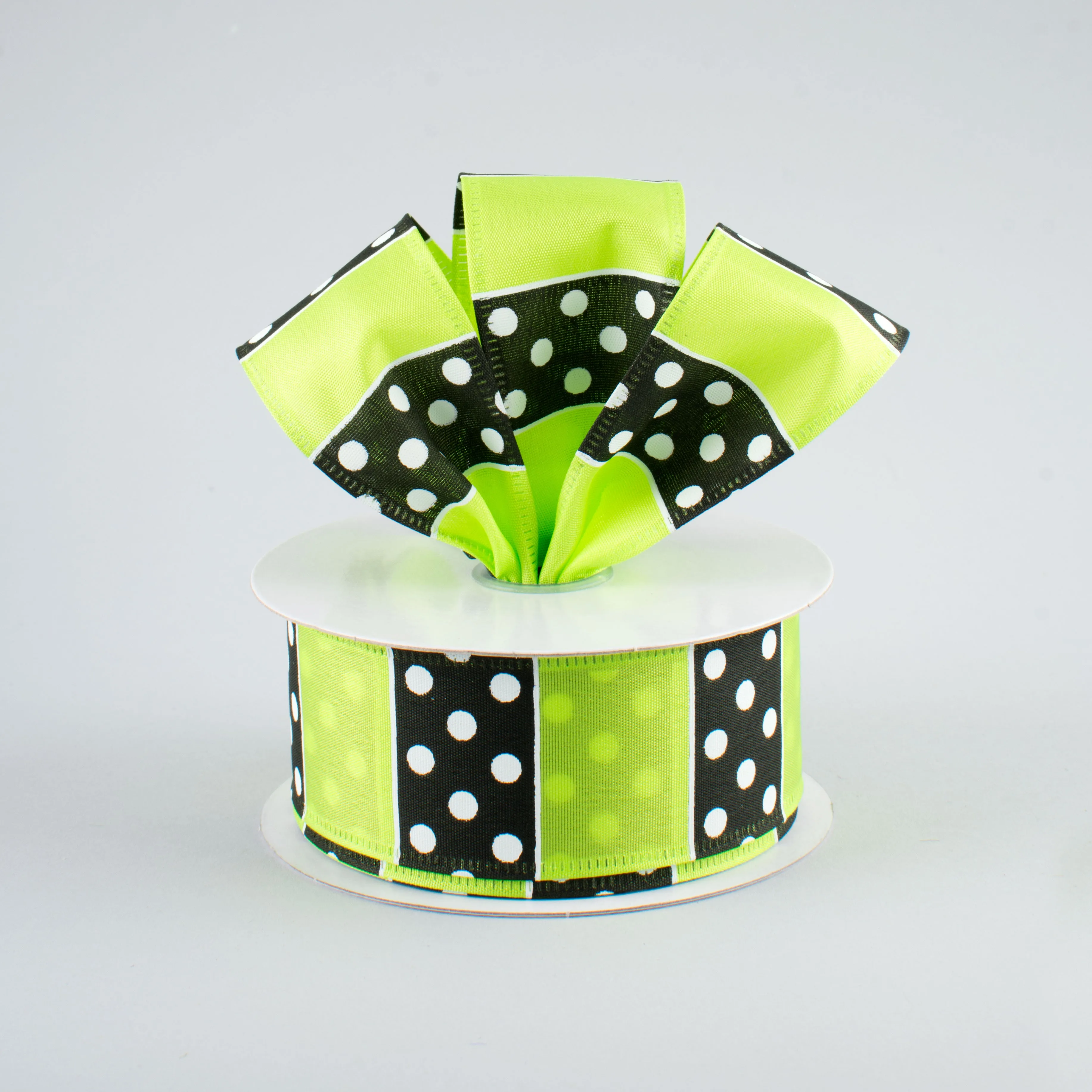 1.5" B & W Polka Dot Stripes Ribbon: Lime (10 Yards)