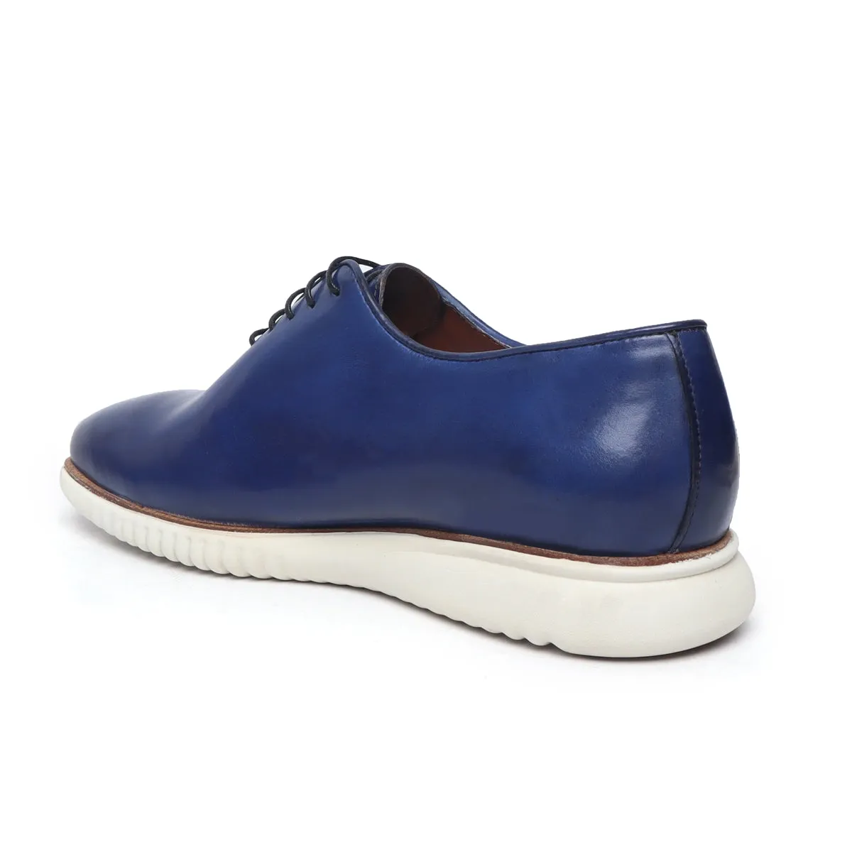 Blue Leather Sneakers With Contrasting White Sole