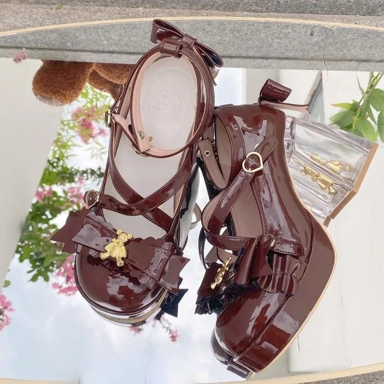 Lolita Original [Dream Bear] High-Heeled Student Single Shoes Round Toe Mary Jane Leather Shoes