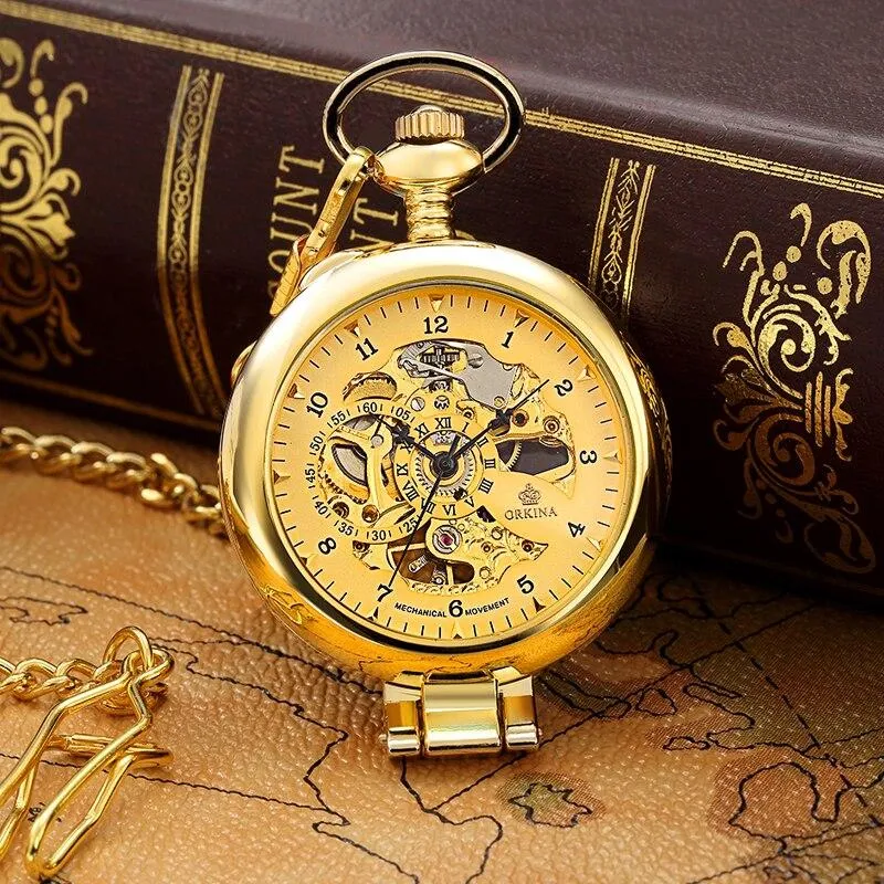 Olaf Orkina Mechanical Skeleton Pocket Watch Golden